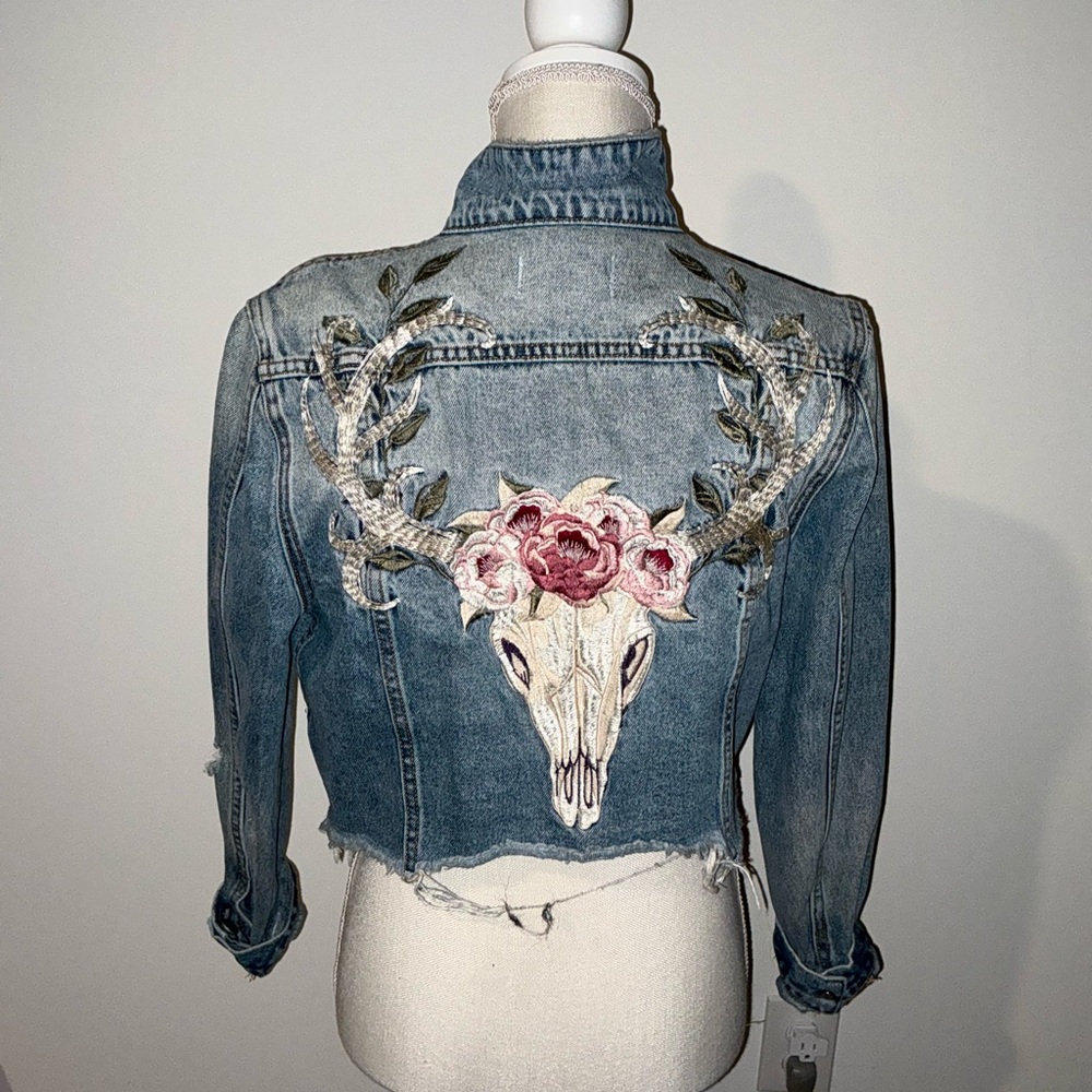 Embroidered Denim Jacket with Floral Skull Design